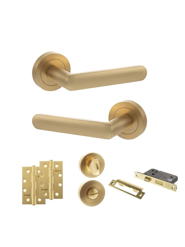 STATUS Carolina Door Handle Pack (Bathroom Set - 2.5" CE Bathroom Lock, 4" Slim Knuckle Hinges x2) - Satin Brass
