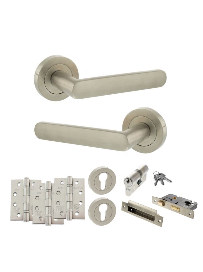 STATUS Carolina Door Handle Pack (Euro Lock Set - 3" CE Sashlock, 4" Fire Rated Hinges x3) - Satin Nickel