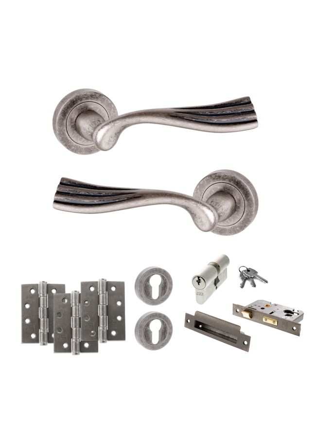 Old English Richmond Door Handle Pack (Euro Lock Set - 2.5" CE Sashlock, 4" Fire Rated Hinges x3) - Distressed Silver