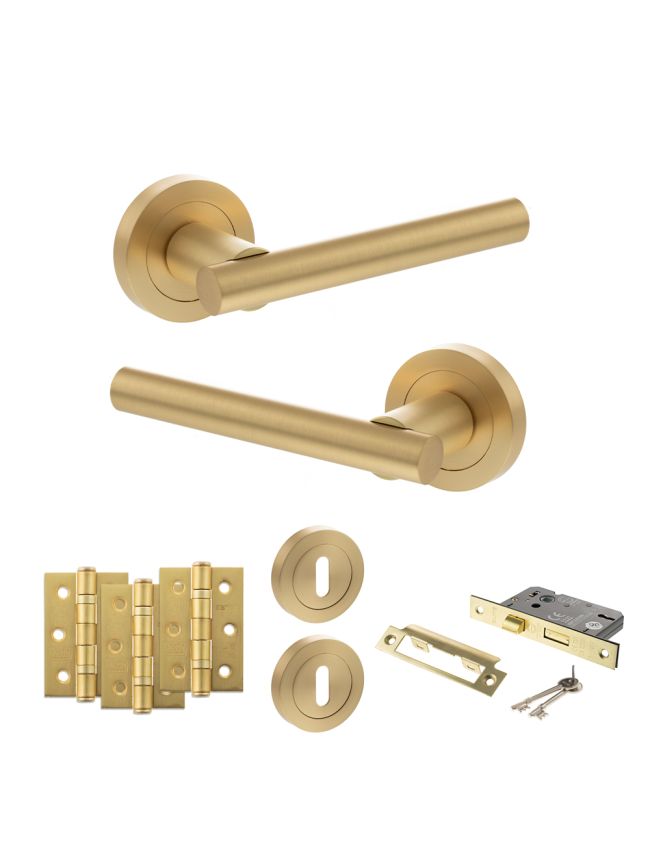 STATUS Nebraska Door Handle Pack (3 Lever Lock Set - 3" CE Sashlock, 3" Fire Rated Hinges x3) - Satin Brass