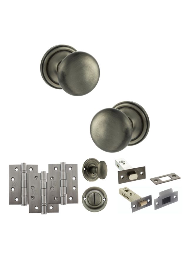Old English Harrogate Door Knob Pack (Bathroom Set - 4" Deadbolt, 4" Fire Rated Hinges x3) - Matt Gun Metal