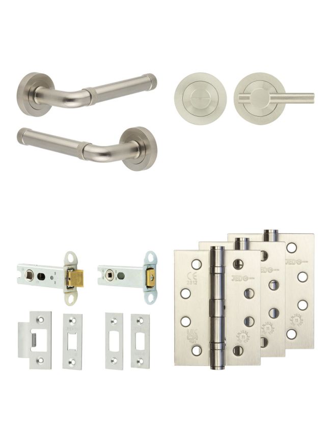 Complete Midtown Door Handle Pack - Heavy Duty Tubular Bathroom (Knurled Thumb Turn) - Satin Nickel - 76mm / 4-inch Hinges - JE-G31A1-SN