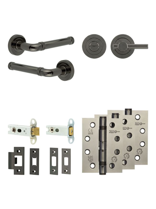Complete Midtown Door Handle Pack - Heavy Duty Tubular Bathroom (Plain Thumb Turn) - Black Nickel - 76mm / 4-inch Hinges - JE-G31A2-BN