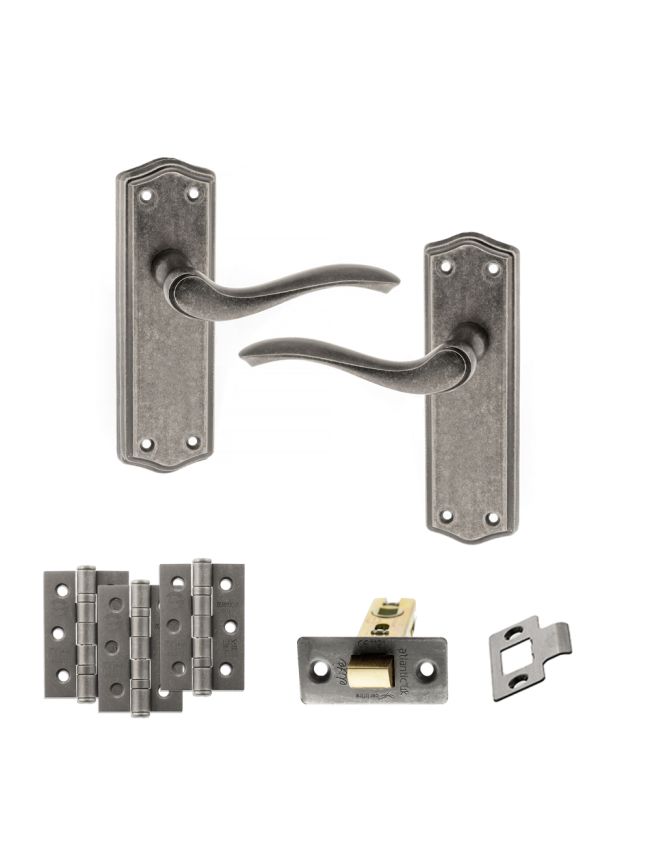 Old English Warwick Door Handle Pack (Latch Set - 2.5" CE Latch, 3" Fire Rated Hinges x3) - Distressed Silver