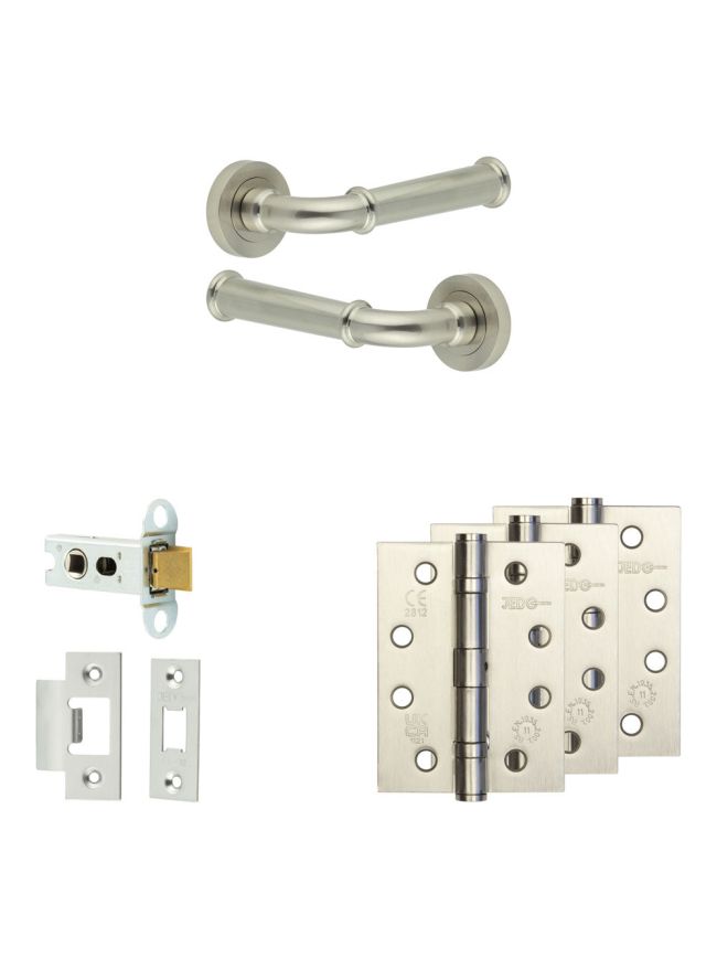 Complete Classic Door Handle Pack - Heavy Duty Latch - Satin Nickel - 64mm / 4-inch Hinges - JE-A20A-SN