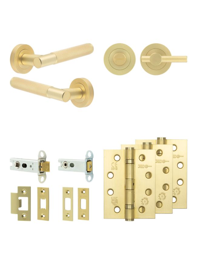 Complete Bari Door Handle Pack - Heavy Duty Tubular Bathroom (Knurled Thumb Turn) - Satin Brass - 76mm / 4-inch Hinges - JE-D31A1-SB
