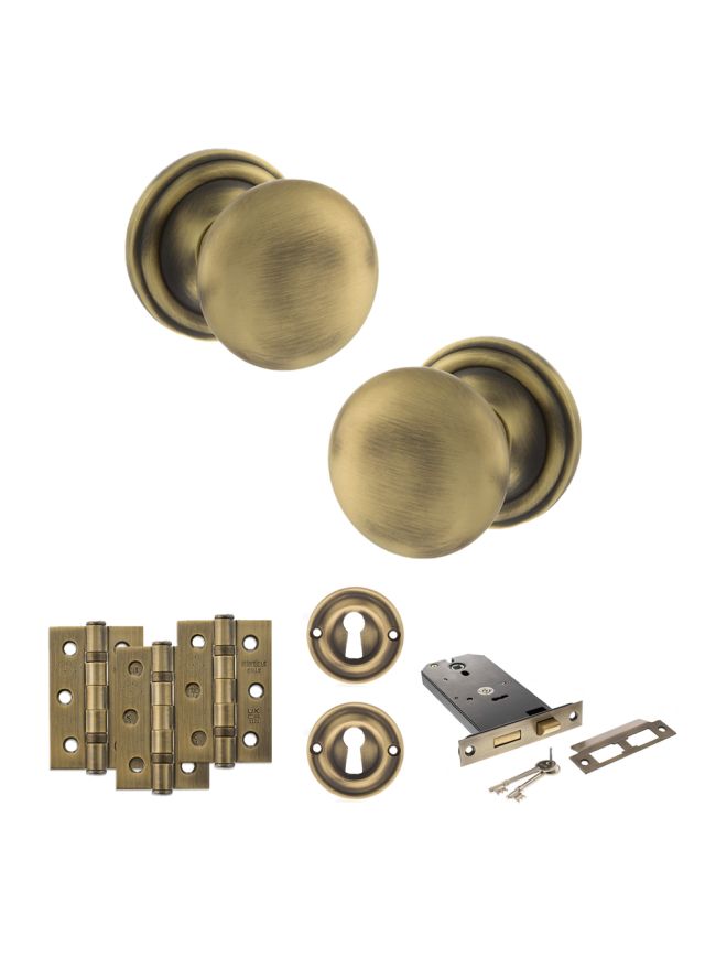 Old English Harrogate Door Knob Pack (Lock Set - Horizontal Sashlock, 3" Fire Rated Hinges x3) - Matt Antique Brass