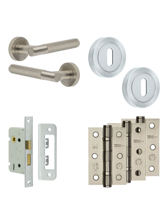 Complete Bari Door Handle Pack - Sashlock - Satin Nickel - 65mm / 3-inch Hinges - JE-D7B8-SN
