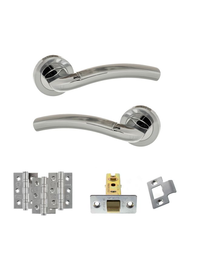 Eco Crest Door Handle Pack (Latch Set - 3" CE Latch, 3" Fire Rated Hinges x3) - Satin Chrome/Polished Chrome