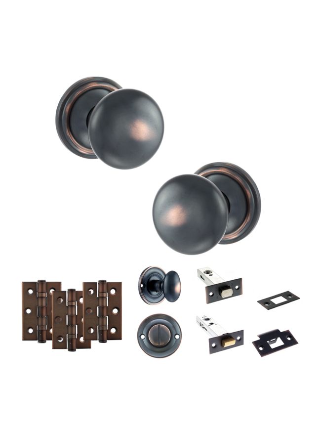 Old English Harrogate Door Knob Pack (Bathroom Set - 4" Deadbolt, 3" Fire Rated Hinges x3) - Antique Copper