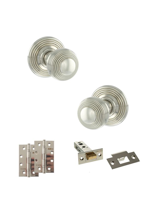 Old English Ripon Door Knob Pack (Latch Set - 4" HD Latch, 4" Slim Knuckle Hinges x2) - Polished Nickel