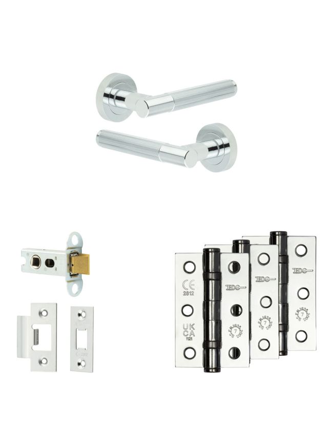 Complete Venice Door Handle Pack - Heavy Duty Latch - Polished Chrome - 64mm / 3-inch Hinges - JE-F20B-PC