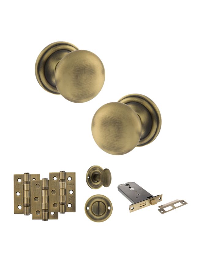 Old English Harrogate Door Knob Pack (Lock Set - Horizontal Bathlock, 3" Fire Rated Hinges x3) - Matt Antique Brass