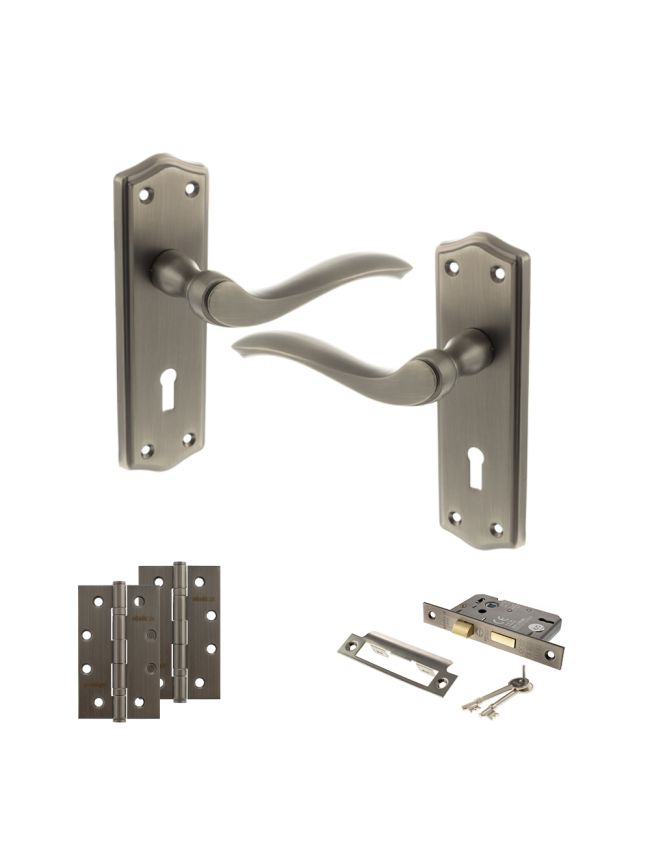 Old English Warwick Door Handle Pack (3 Lever Lock Set - 3" CE Sashlock, 4" Slim Knuckle Hinges x2) - Matt Gun Metal