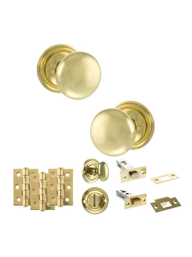 Old English Harrogate Door Knob Pack (Bathroom Set - 4" Deadbolt, 3" Fire Rated Hinges x3) - Polished Brass