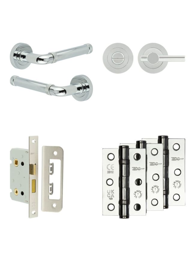 Complete Midtown Door Handle Pack - Bathroom Lock (Plain Thumb Turn) - Polished Chrome - 65mm / 3-inch Hinges - JE-G5B2-PC