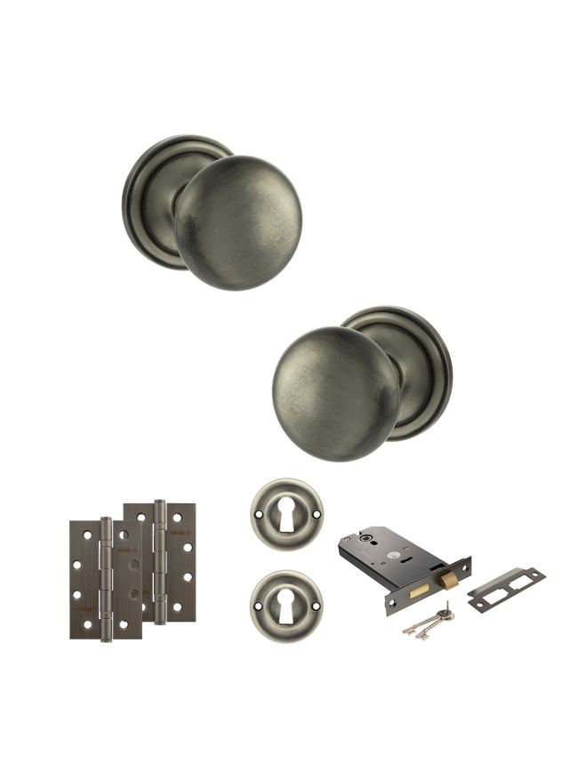 Old English Harrogate Door Knob Pack (Lock Set - Horizontal Sashlock, 4" Slim Knuckle Hinges x2) - Matt Gun Metal