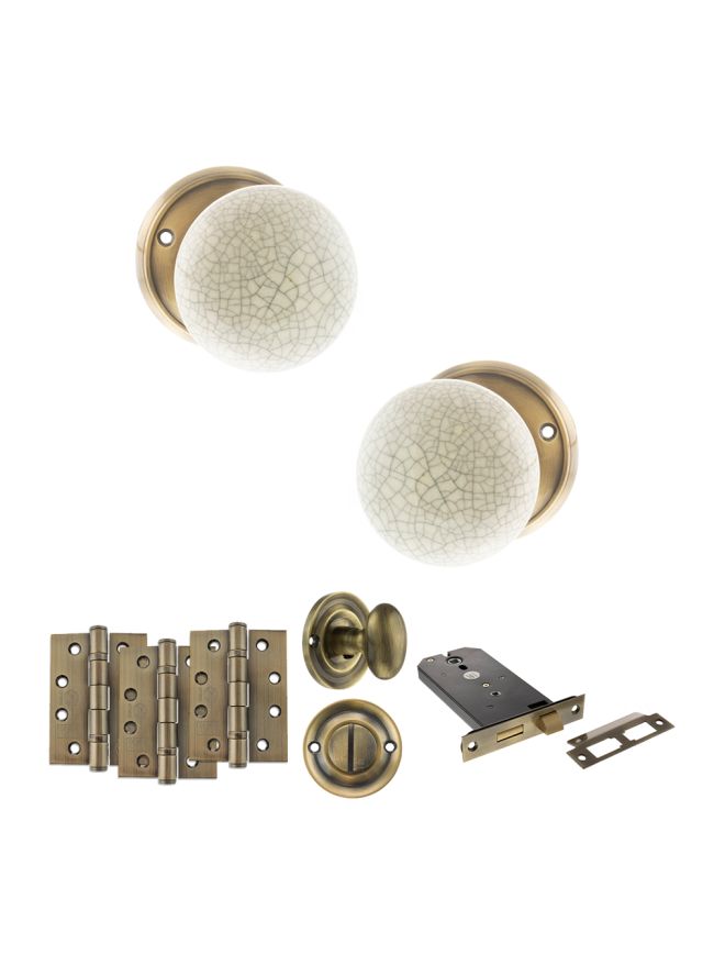 Old English Skipton Door Knob Pack (Lock Set - Horizontal Bathlock, 4" Fire Rated Hinges x3) - Antique Brass