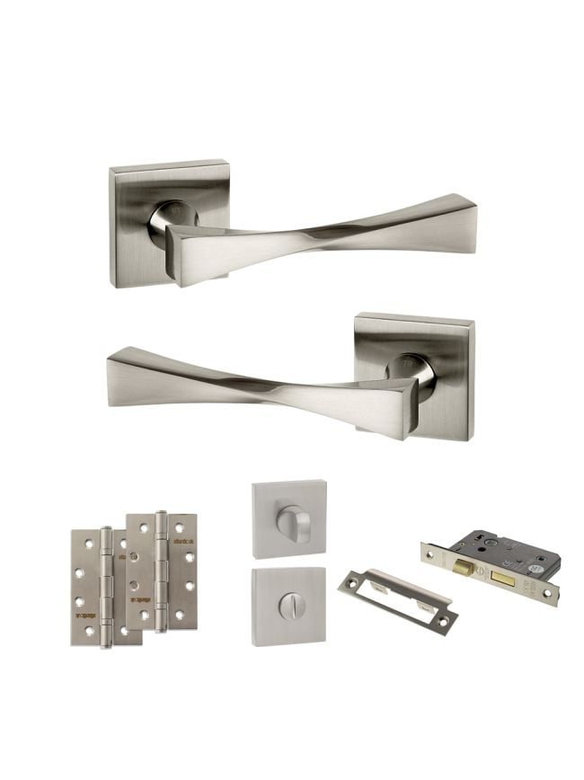 Senza Pari Guido Door Handle Pack (Bathroom Set - 3" CE Bathroom Lock, 4" Slim Knuckle Hinges x2) - Satin Nickel