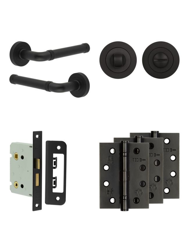 Complete Midtown Door Handle Pack - Bathroom Lock (Standard Thumb Turn) - Matt Black - 76mm / 4-inch Hinges - JE-G6A3-MB