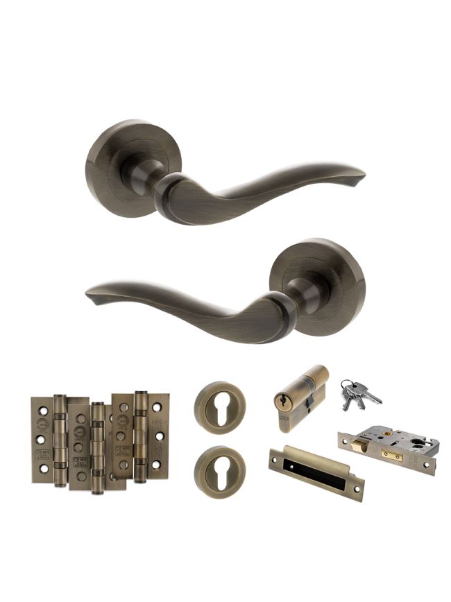 Old English Warwick Door Handle Pack (Euro Lock Set - 2.5" CE Sashlock, 3" Fire Rated Hinges x3) - Antique Brass
