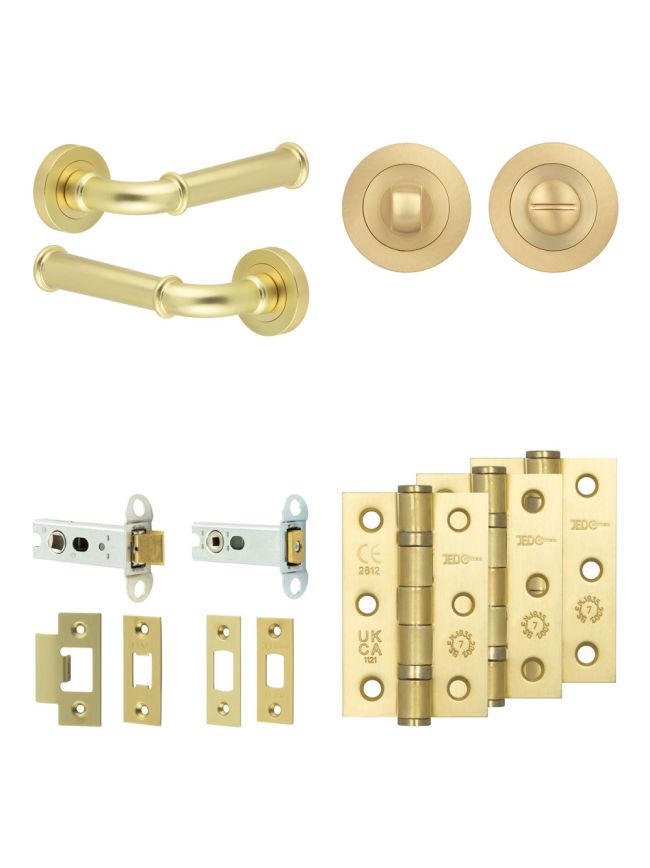 Complete Classic Door Handle Pack - Heavy Duty Tubular Bathroom (Standard Thumb Turn) - Satin Brass - 76mm / 3-inch Hinges - JE-A31B3-SB