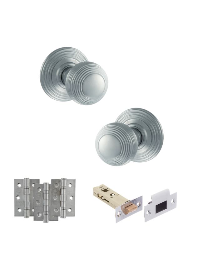 Old English Ripon Door Knob Pack (Latch Set - 3" HD Latch, 3" Fire Rated Hinges x3) - Satin Chrome
