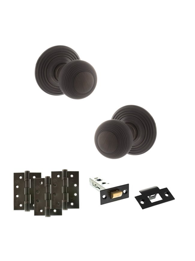 Old English Ripon Door Knob Pack (Latch Set - 3" HD Latch, 4" Fire Rated Hinges x3) - Urban Dark Bronze