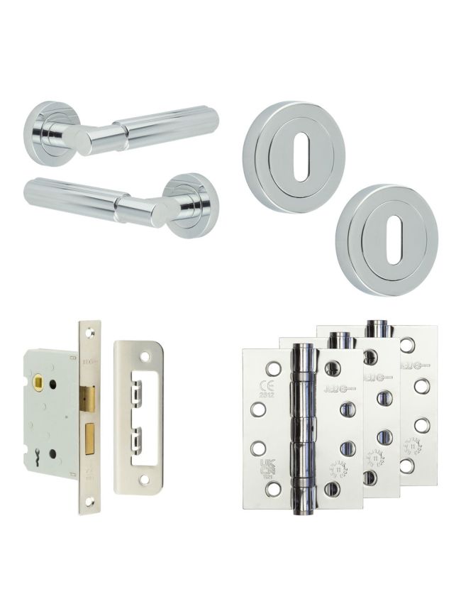 Complete Bloom Door Handle Pack - Sashlock - Polished Chrome - 76mm / 4-inch Hinges - JE-B8A8-PC