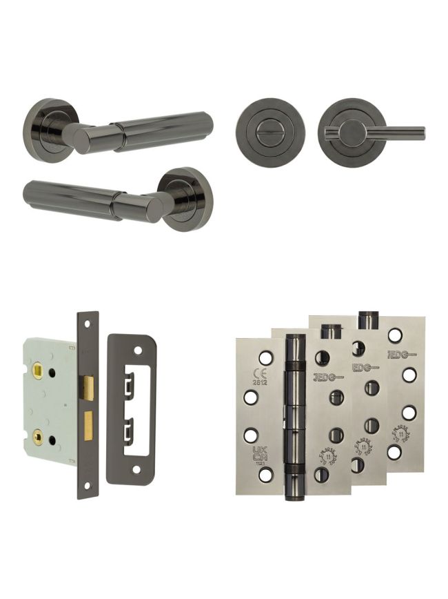 Complete Bloom Door Handle Pack - Bathroom Lock (Plain Thumb Turn) - Black Nickel - 76mm / 4-inch Hinges - JE-B6A2-BN