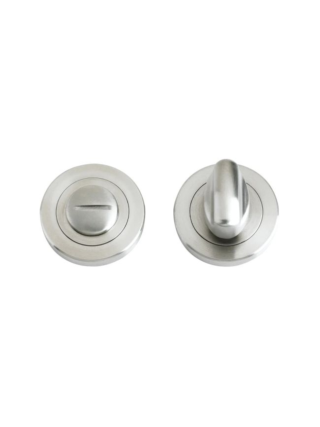 Zoo Hardware Turn and Release complete with escutcheons and 5mm spindle 50mm dia - Satin Stainless