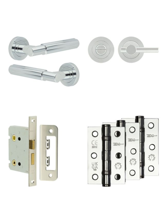 Complete Bloom Door Handle Pack - Bathroom Lock (Plain Thumb Turn) - Polished Chrome - 76mm / 3-inch Hinges - JE-B6B2-PC