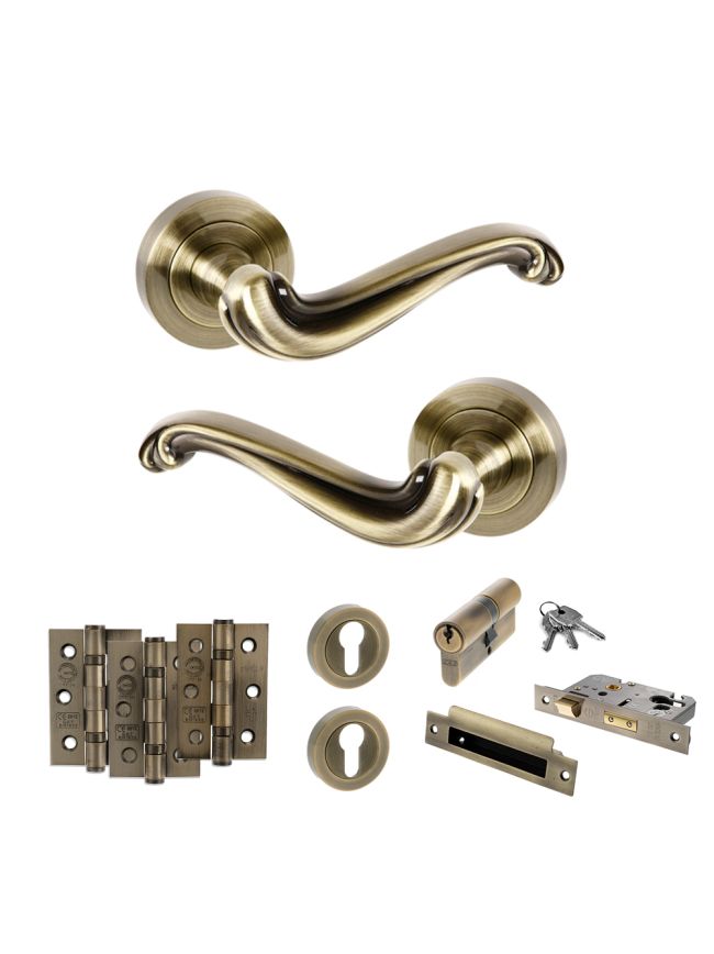 Old English Colchester Door Handle Pack (Euro Lock Set - 2.5" CE Sashlock, 3" Fire Rated Hinges x3) - Antique Brass