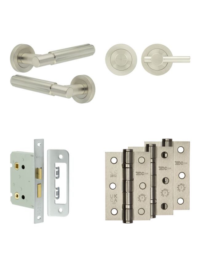 Complete Bloom Door Handle Pack - Bathroom Lock (Plain Thumb Turn) - Satin Nickel - 76mm / 3-inch Hinges - JE-B6B2-SN