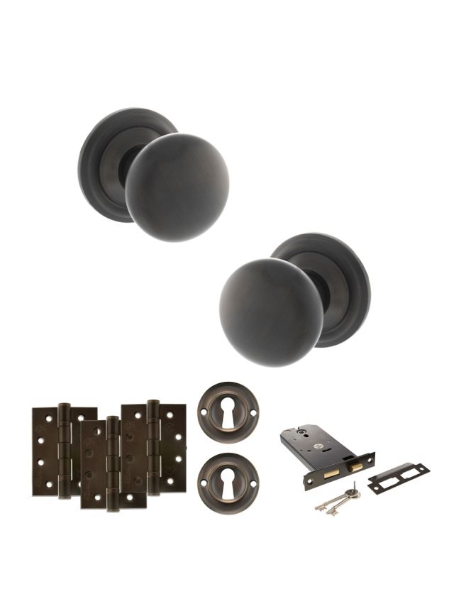 Old English Harrogate Door Knob Pack (Lock Set - Horizontal Sashlock, 4" Fire Rated Hinges x3) - Urban Dark Bronze