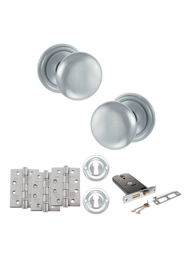 Old English Harrogate Door Knob Pack (Lock Set - Horizontal Sashlock, 4" Fire Rated Hinges x3) - Satin Chrome