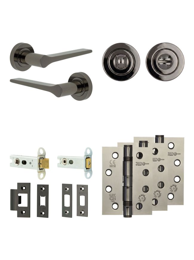 Complete Gio Door Handle Pack - Heavy Duty Tubular Bathroom (Standard Thumb Turn) - Black Nickel - 76mm / 4-inch Hinges - JE-E31A3-BN