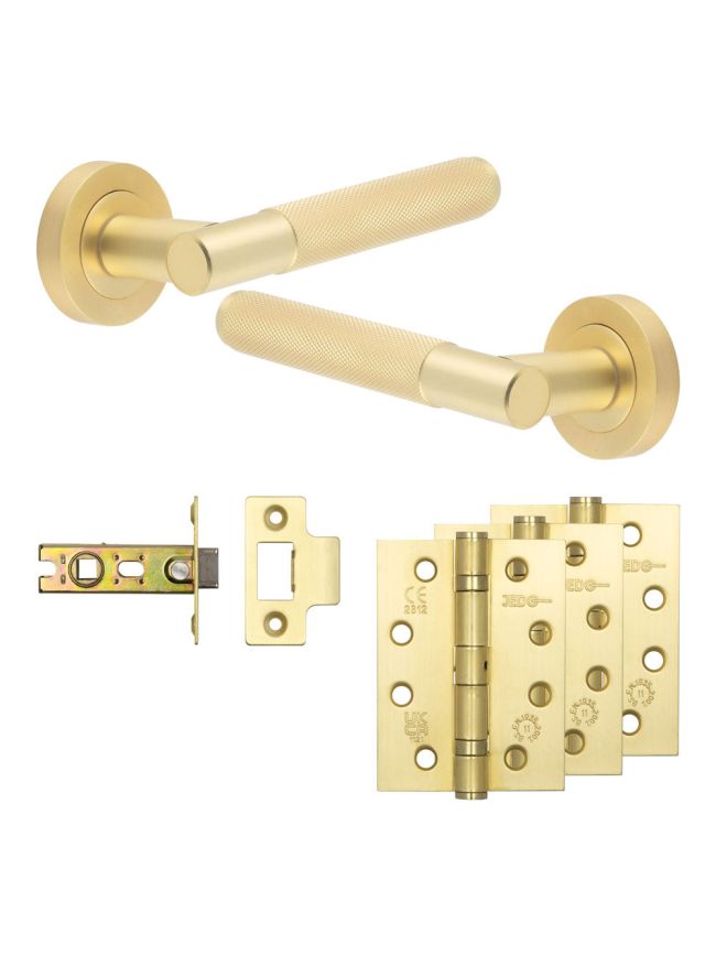 Complete Bari Door Handle Pack - Internal Doors - Satin Brass - 64mm / 4-inch Hinges - JE-D1A-SB