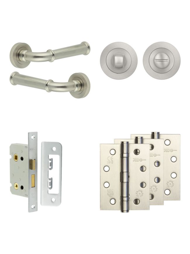 Complete Classic Door Handle Pack - Bathroom Lock (Standard Thumb Turn) - Satin Nickel - 65mm / 4-inch Hinges - JE-A5A3-SN