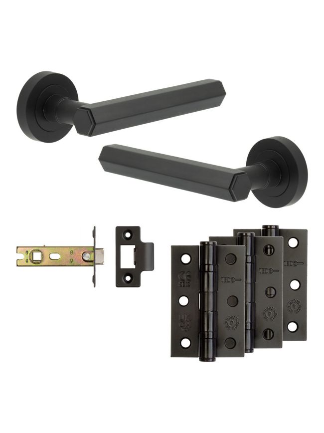 Complete Hex Door Handle Pack - Internal Doors - Matt Black - 76mm / 3-inch Hinges - JE-C4B-MB