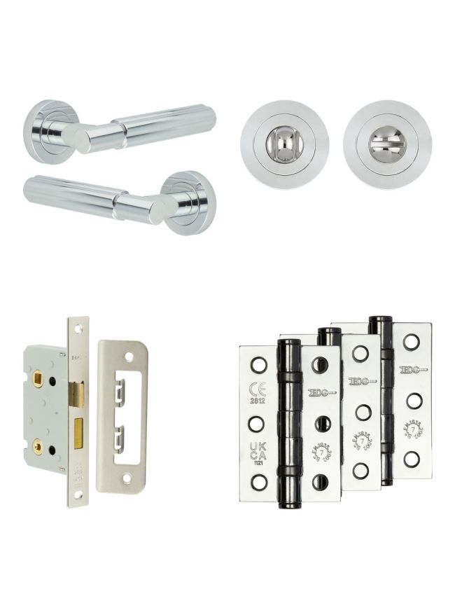 Complete Bloom Door Handle Pack - Bathroom Lock (Standard Thumb Turn) - Polished Chrome - 65mm / 3-inch Hinges - JE-B5B3-PC