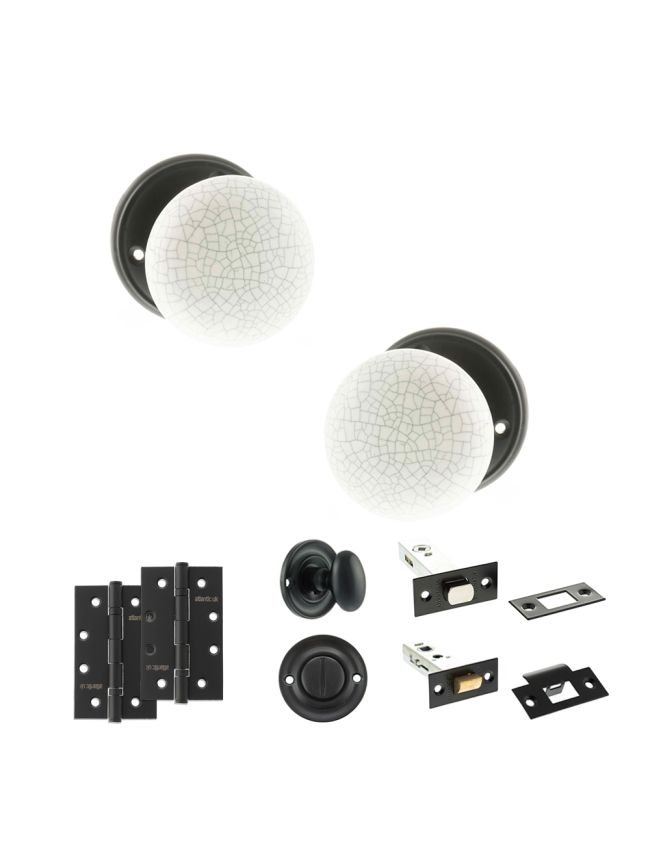 Old English Skipton Door Knob Pack (Bathroom Set - 4" Deadbolt, 4" Slim Knuckle Hinges x2) - Matt Black