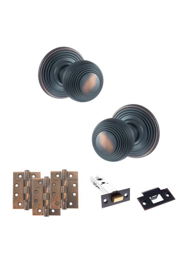 Old English Ripon Door Knob Pack (Latch Set - 3" HD Latch, 4" Fire Rated Hinges x3) - Antique Copper