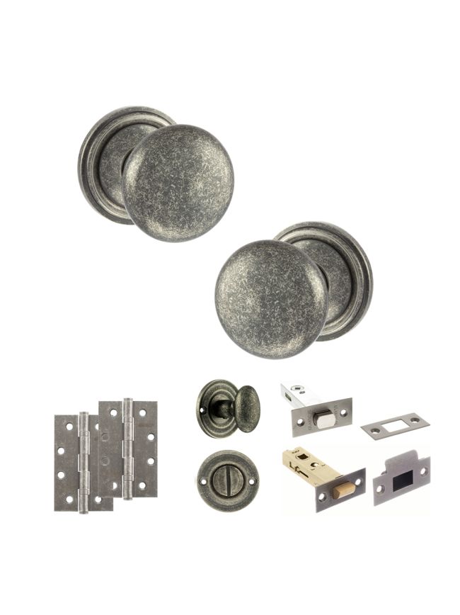 Old English Harrogate Door Knob Pack (Bathroom Set - 4" Deadbolt, 4" Slim Knuckle Hinges x2) - Distressed Silver