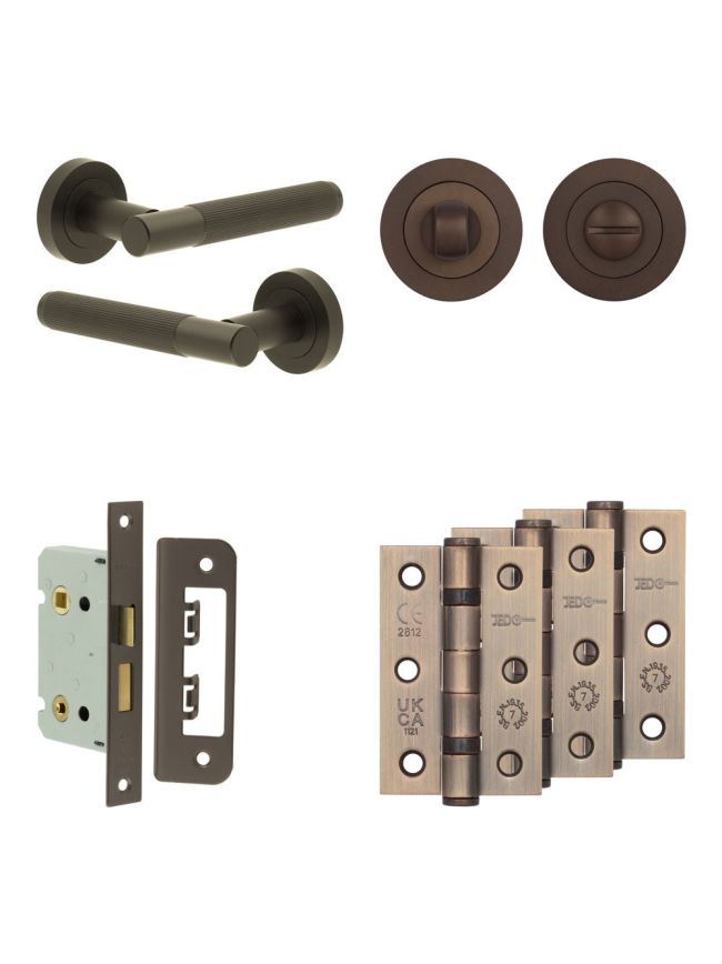Complete Venice Door Handle Pack - Bathroom Lock (Standard Thumb Turn) - Dark Bronze - 65mm / 3-inch Hinges - JE-F5B3-DB
