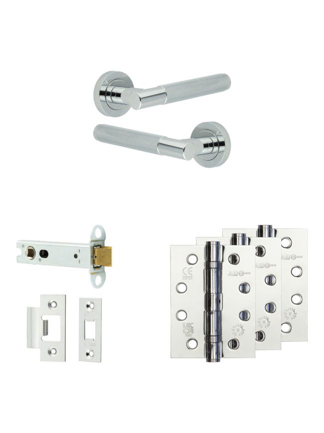 Complete Bari Door Handle Pack - Heavy Duty Latch - Polished Chrome - 102mm / 4-inch Hinges - JE-D22A-PC
