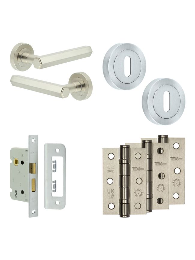 Complete Hex Door Handle Pack - Sashlock - Satin Nickel - 65mm / 3-inch Hinges - JE-C7B8-SN