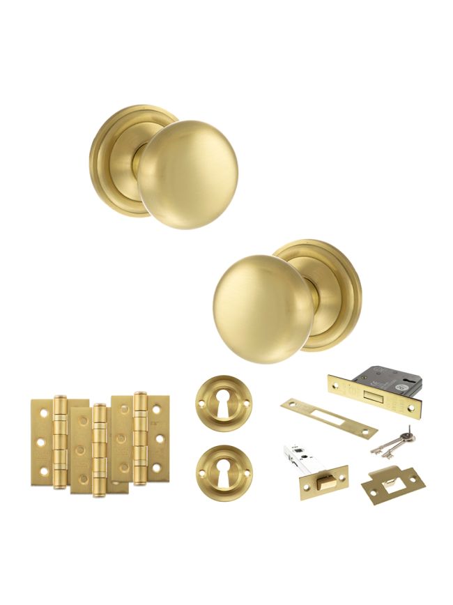 Old English Harrogate Door Knob Pack (Lock Set - 3" Latch & Deadlock, 3" Fire Rated Hinges x3) - Satin Brass