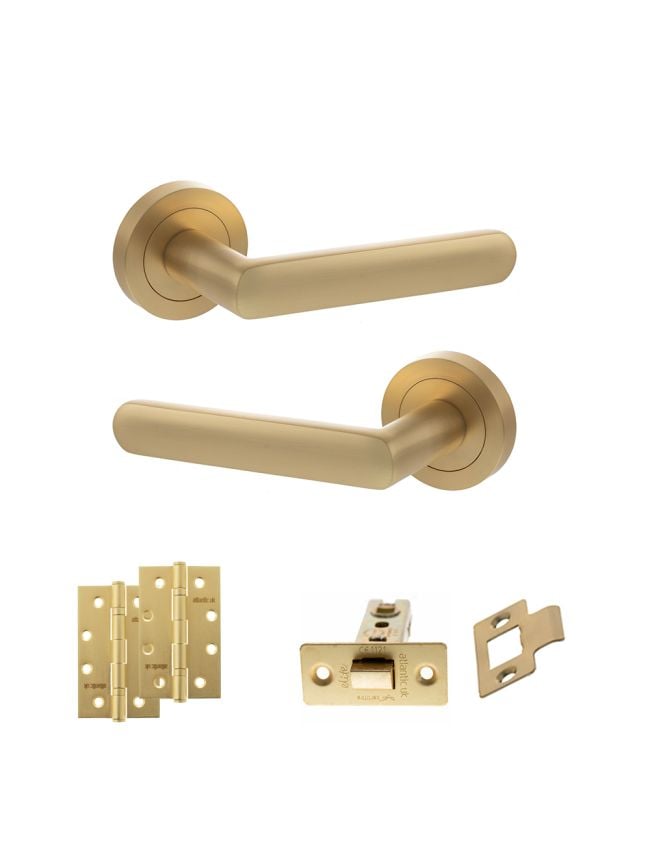 STATUS Carolina Door Handle Pack (Latch Set - 2.5" CE Latch, 4" Slim Knuckle Hinges x2) - Satin Brass
