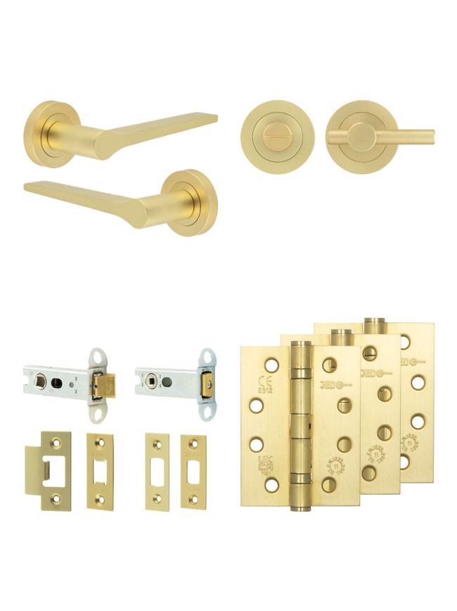 Complete Gio Door Handle Pack - Heavy Duty Tubular Bathroom (Plain Thumb Turn) - Satin Brass - 76mm / 4-inch Hinges - JE-E31A2-SB